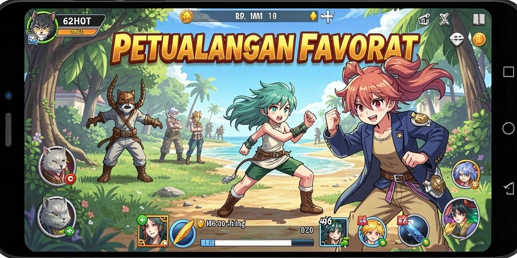 Gameplay seru 62HOT dengan karakter anime yang beragam.