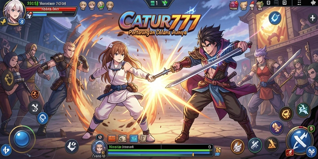 Screenshot gameplay dari CATUR777 menampilkan pertarungan seru dengan karakter Anime.
