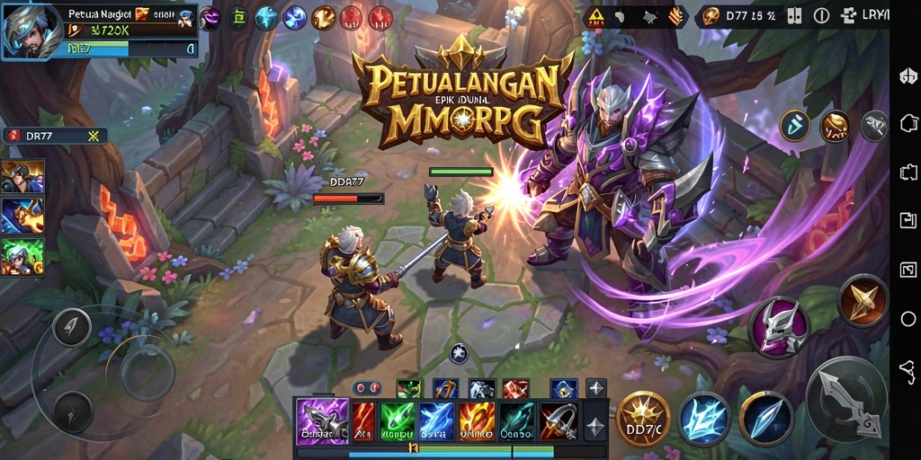 Tampilan gameplay IDR77 yang menampilkan pertempuran dan eksplorasi dunia MMORPG.