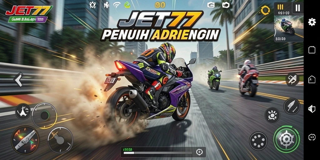 Screenshot menunjukkan aksi balap motor dengan grafis yang memukau.