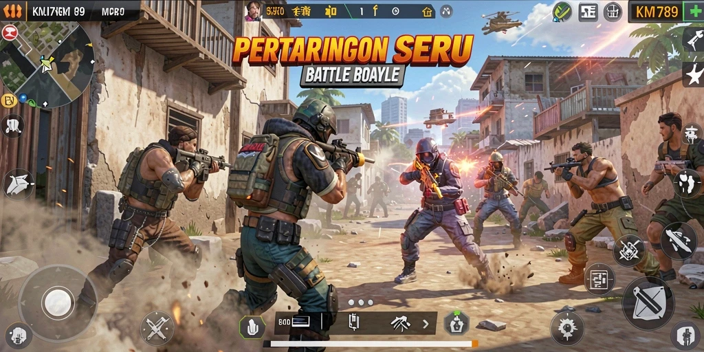 Screenshot gameplay KM789 dengan aksi pertempuran Battle Royale yang mendebarkan.