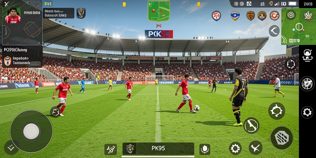 Tampilan gameplay PK95 yang menegangkan dalam aksi permainan sepak bola.
