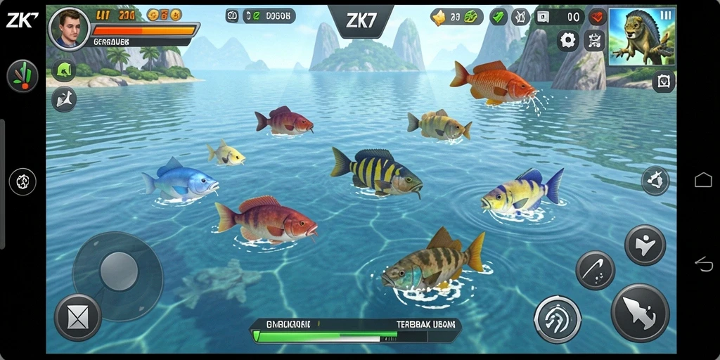 Screenshot ZK7 menampilkan aksi seru menembak ikan di bawah laut.